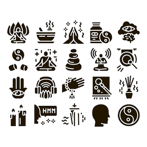 Meditation Practice Glyph Set Vector. Meditation Yoga Relaxation Aromatic Therapy, Human Concentration, Gong And Painting Glyph Pictograms Black Illustrations