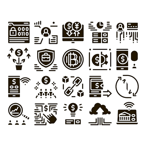 Fintech Innovation Glyph Set Vector. Bitcoin Financial Technology, Binary Code And Electronic Exchange, Wifi Smartphone Fintech Glyph Pictograms Black Illustrations