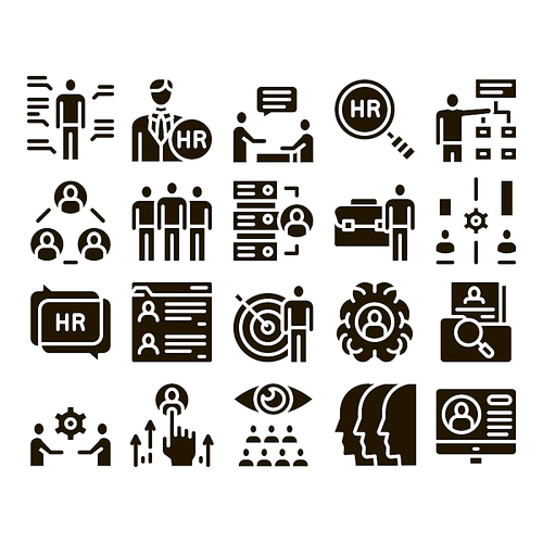 Hr Human Resources Glyph Set Vector. Hr Management And Research, Strategy And Interview, Brainstorm And Disscusion Glyph Pictograms Black Illustrations