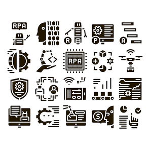 Rpa Cyber Technology Glyph Set Vector. Rpa Robotic Process Automation, Drone Delivering And Processor Chip, Robot Arm And Hand Glyph Pictograms Black Illustrations