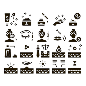 Skin Care Cosmetic Glyph Set Vector. Skin Care Cream And Moisturizing Oil, Eye, Lips And Facial Anti-aging Injection Glyph Pictograms Black Illustrations
