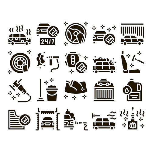 Car Wash Auto Service Glyph Set Vector. Automatical Car Wash Building And Equipment, Cleaning Liquid Bottle And Air Freshener Glyph Pictograms Black Illustrations