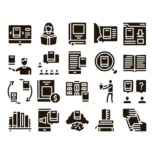 Reading Library Book Glyph Set Vector. Reading And Learning, Smartphone And Computer Education E-book, Shelf With Literature Glyph Pictograms Black Illustrations