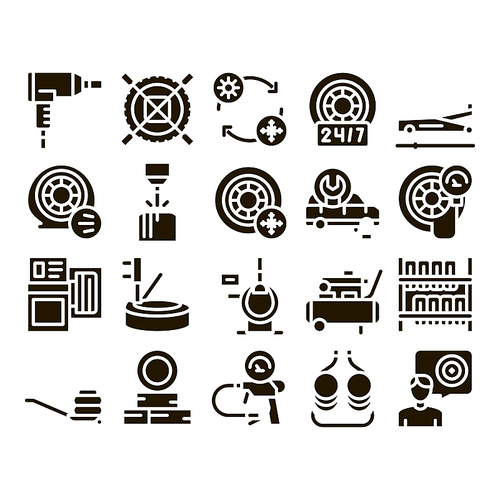 Tire Fitting Service Glyph Set Vector. Tire Fitting Station Equipment Pump And Jack, Diagnostic Device And Wheel Repair Tool Glyph Pictograms Black Illustrations