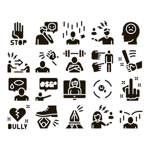 Bullying Aggression Glyph Set Vector. Internet Bullying And Name-calling, Beating And Showing Indecent Gesture Glyph Pictograms Black Illustrations