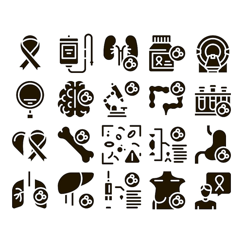 Cancer Human Disease Glyph Set Vector. Stomach And Intestines, Brain And Kidneys, Liver And Lungs Cancer, Research And Treatment Glyph Pictograms Black Illustrations