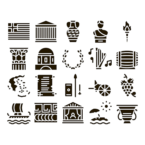 Greece Country History Glyph Set Vector. Greece Flag And Antique Amphora, Building And Boat, Wine Barrel And Grape Glyph Pictograms Black Illustrations