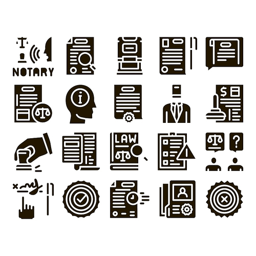 Notary Service Agency Glyph Set Vector. Agreement And Law Research, Document With Stamp And Signature, Notary Service Information Glyph Pictograms Black Illustrations