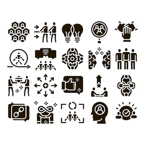 Collaboration Work Glyph Set Vector. Human And Brain Collaboration, Worker Research And Handshake, Cooperation And Organization Glyph Pictograms Black Illustrations