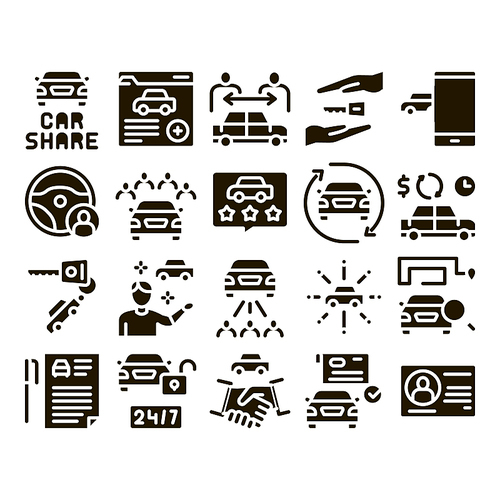 Car Sharing Business Glyph Set Vector. Car Share Deal And Agreement, Web Site And Phone Application, Key And Driver License Glyph Pictograms Black Illustrations
