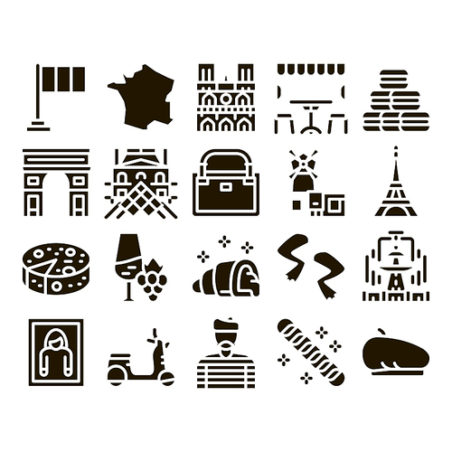 France Country Travel Glyph Set Vector. France Flag And Triumphal Arch, Eiffel Tower And Moulin Rouge, Cheese And Croissant Glyph Pictograms Black Illustrations