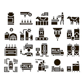 Milk Factory Product Glyph Set Vector. Cow And Milk In Can, Conveyor And Plant, Bottle And Package, Truck Delivery And Machine Glyph Pictograms Black Illustrations