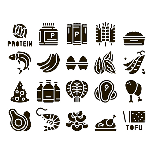 Protein Food Nutrition Glyph Set Vector. Bottle And Package With Protein, Fish And Chicken Meat, Milk And Cheese Glyph Pictograms Black Illustrations