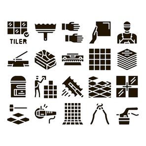 Tiler Work Equipment Glyph Set Vector. Tiler Rectangular Notched Trowel And Electrical Tile Cutter, Level Tool And Grinder Glyph Pictograms Black Illustrations