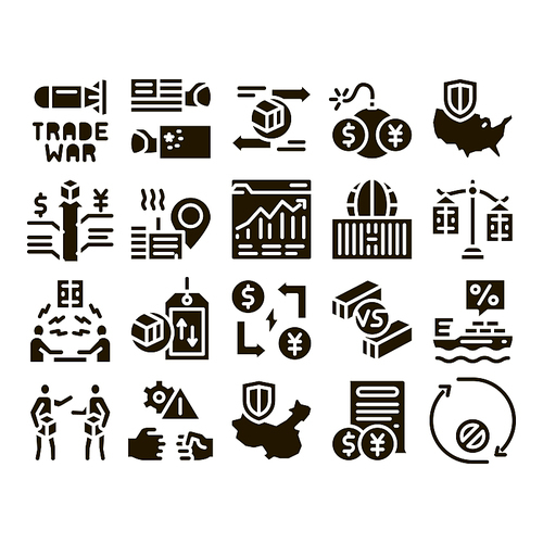 Trade War Business Glyph Set Vector. Trade War Bomb And Rocket, Usa And China Economy Fighting, Dollar Vs Yuan Glyph Pictograms Black Illustrations