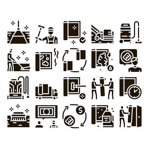 Carpet Cleaning Washing Service Icons Set Vector. Dusty And Dirty Carpet And Floor Vacuum Cleaner Equipment, Brush And Broom Glyph Pictograms Black Illustrations