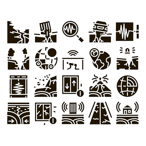 Earthquake Disaster Glyph Set Vector. Building And Road Destruction, Stone Collapse And Earthquake Catastrophe Glyph Pictograms Black Illustrations
