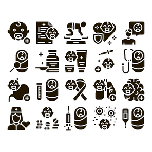 Pediatrics Medical Glyph Set Vector. Child And Pediactrics Nurse, Baby On Electronic Scale And Healthcare Cream Glyph Pictograms Black Illustrations