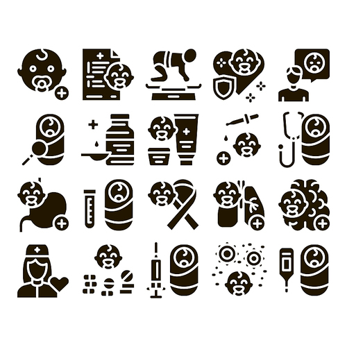 Pediatrics Medical Glyph Set Vector. Child And Pediactrics Nurse, Baby On Electronic Scale And Healthcare Cream Glyph Pictograms Black Illustrations