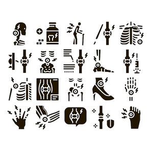 Arthritis Disease Glyph Set Vector. Arthritis Symptoms And Treatments, Pain In Joints And Back, Neck And Knee, Fingers And Ribs Glyph Pictograms Black Illustrations