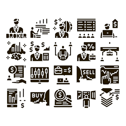 Broker Advice Business Glyph Set Vector. Broker Businessman And Consultant, Sell And Buy, Professional Estate Agent Glyph Pictograms Black Illustrations
