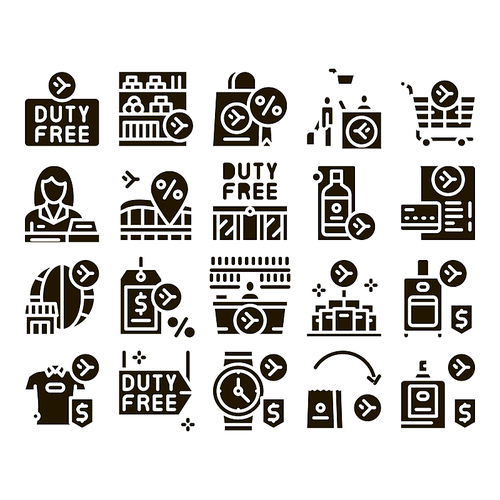 Duty Free Shop Store Glyph Set Vector. Duty Free Nameplate And Product, Bag And Label, Perfume And T-shirt, Credit Card And Cart Glyph Pictograms Black Illustrations