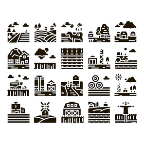 Farming Landscape Glyph Set Vector. Farming Field And Barn Construction, Mill And Scarecrow, Tractor And Cow Farm Animal Glyph Pictograms Black Illustrations