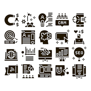 Inbound Marketing Glyph Set Vector. Growth Roi And Seo, Attract And Crm, Email, And Social Media And Internet Marketing Glyph Pictograms Black Illustrations