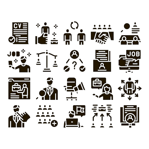 Recruitment And Research Employee Icons Set Vector. Curriculum Vitae Cv And Professional Career, Interview And Recruitment Glyph Pictograms Black Illustrations