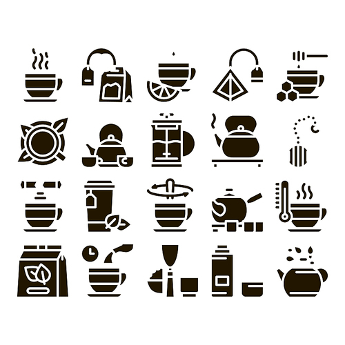 Tea Ceremony Tradition Glyph Set Vector. Tea Bag And Leaves, Cup With Hot Drink And Teapot, Sugar And Honey, Lemon And Thermos Glyph Pictograms Black Illustrations