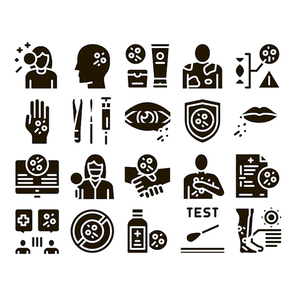 Dermatology Skin Care Glyph Set Vector. Dermatology Rash On Hands And Head, Lips And Leg, Body Protection Cosmetic Cream Glyph Pictograms Black Illustrations