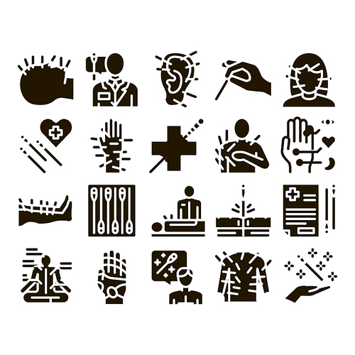 Acupuncture Therapy Glyph Set Vector. Human Head And Hand, Ear, Face And Body Acupuncture, Doctor And Patient, Needles Tool Glyph Pictograms Black Illustrations