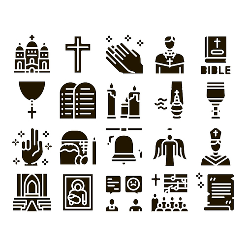 Church Christianity Glyph Set Vector. Church Building And Interior, Christian Religion Bible And Cross, Candles And Bell Glyph Pictograms Black Illustrations