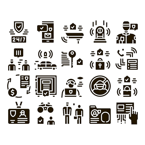 Security Agency Property Protect Icons Set Vector. Security Agency Service Video Monitoring Cctv And Car With Alarm Signal, Safe And Badge Glyph Pictograms Black Illustrations