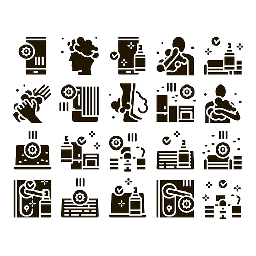 Hygiene And Healthcare Glyph Set Vector. Cleaning Mobile Phone And Handle Sanitized Antiseptic, Wash Hand, Head And Body Hygiene Glyph Pictograms Black Illustrations