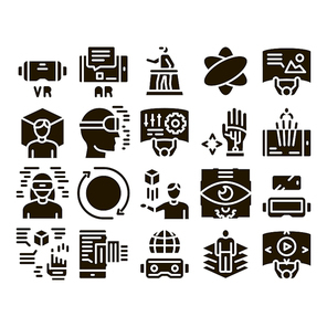 Simulation Equipment Glyph Set Vector. Virtual Reality Vr Glasses And Simulation Device, 360 Degree View And Rotation Arrows Glyph Pictograms Black Illustrations