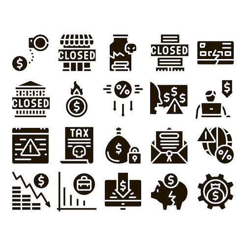 Bankruptcy Business Glyph Set Vector. Bankruptcy Shop And Company, Closed Office And Store, Tax And Crisis, Broken Card And Piggy Glyph Pictograms Black Illustrations