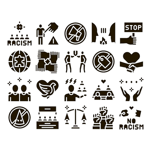 Racism Discrimination Glyph Set Vector. Stop Racism Nameplate And Label, Scale And Loudspeaker, Pigeon And Handshake Glyph Pictograms Black Illustrations