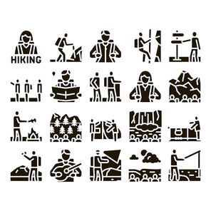 Hiking Extreme Tourism Glyph Set Vector. Hiking Tourist And Bard With Guitar, Fisherman And Photographer, Camp And Waterfall Glyph Pictograms Black Illustrations