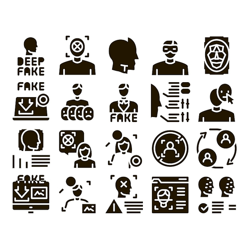 Deepfake Face Fake Glyph Set Vector. Human Face Research And Change, Computer Video Analysis And Downloading Image Glyph Pictograms Black Illustrations