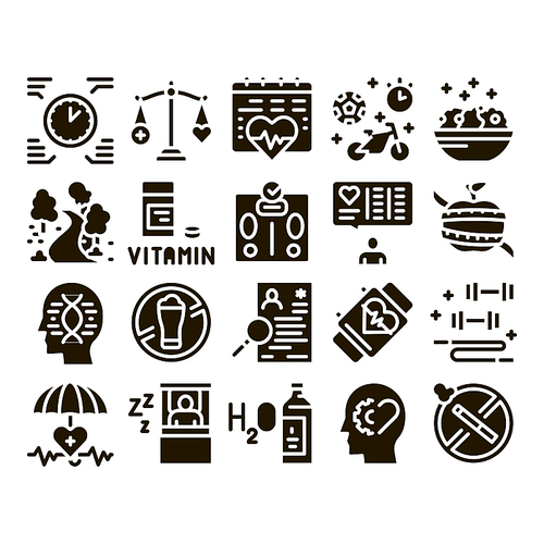 Healthy Lifestyle Glyph Set Vector. Healthy Food Dish And Vitamin Pills, Sport And Walking, Non-alcohol And Non-smoking Glyph Pictograms Black Illustrations