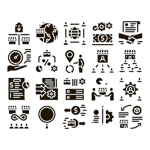 Outsource Management Glyph Set Vector. Outsource Team And World Business Process, Agreement Document And Job Payment Glyph Pictograms Black Illustrations