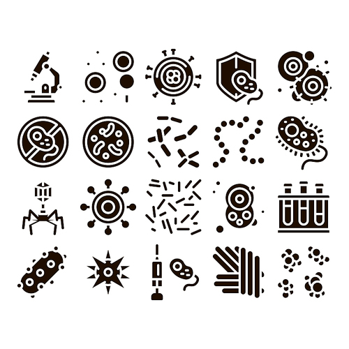 Pathogen Elements Vector Sign Icons Set. Pathogen Bacteria Microorganism, Microbes And Germs Pictograms. Analysis In Flask, Microscope And Injection Glyph Pictograms Black Illustrations