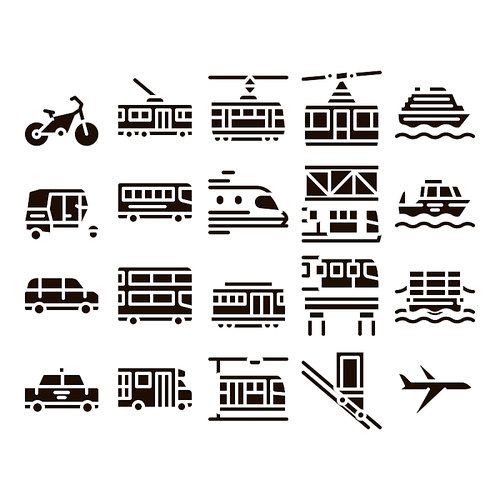 Public Transport Vector Line Icons Set. Trolleybus And Bus, Tramway And Train, Cable Way And Monorail Transport Pictograms. Car And Taxi, Plane And Ship Glyph Pictograms Black Illustrations