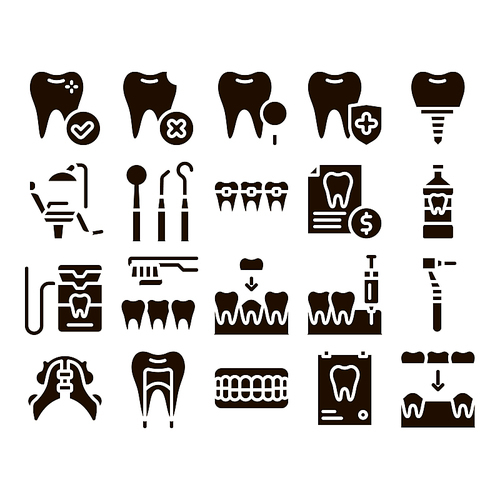 Stomatology Collection Glyph Icons Set Vector. Stomatology Dentist Equipment And Chair, Healthy And Unhealthy Tooth Pictograms. Jaw Denture, Injection Anesthesia Glyph Pictograms Black Illustrations