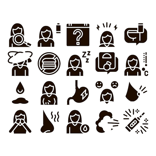 Symptomps Of Pregnancy Element Vector Icons Set. Fatigue And Nausea, Food Aversion And Frequent Urination, Constipation And Faintness Symptomps Of Pregnancy Glyph Pictograms Black Illustrations