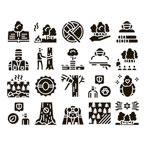 Forestry Lumberjack Glyph Set Vector. Forestry Working Equipment And Tree Safe Fence, Animal And Forest Protection Glyph Pictograms Black Illustrations