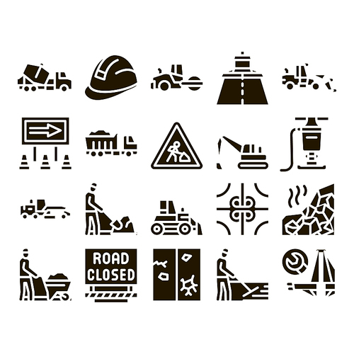 Road Repair And Construction Icons Set Vector. Road Repair And Maintenance Equipment, Builder Protect Helmet And Cart, Bulldozer And Truck Glyph Pictograms Black Illustrations