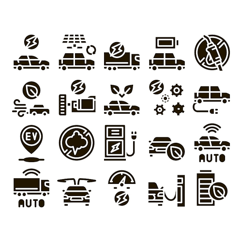 Electric Car Transport Glyph Set Vector. Electrical Car And Truck, Battery Charging And Vehicle Repair, Ecology Transportation Glyph Pictograms Black Illustrations