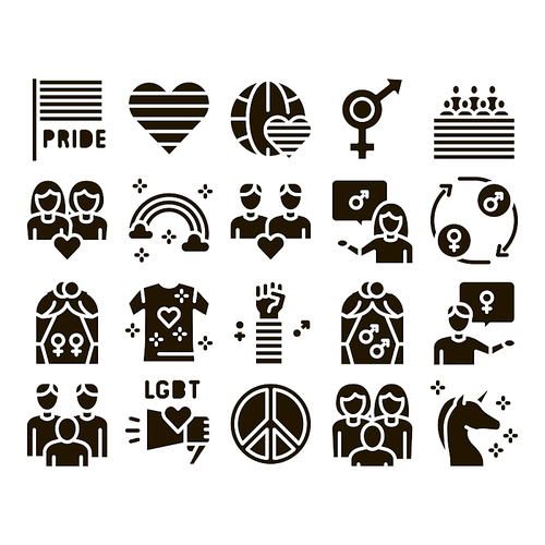 Lgbt Homosexual Gay Glyph Set Vector. Lgbt Community And Flag, Unicorn And Rainbow, Love Freedom And Marriage Glyph Pictograms Black Illustrations